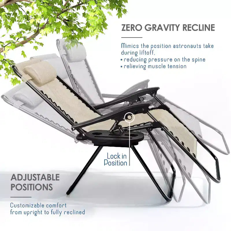 Lot de 2 chaises Nestl Zéro Gravité, Chaises de Camping Inclinables, Chaises Pliantes d'Extérieur avec Oreiller et Plateau Porte-Gobelet