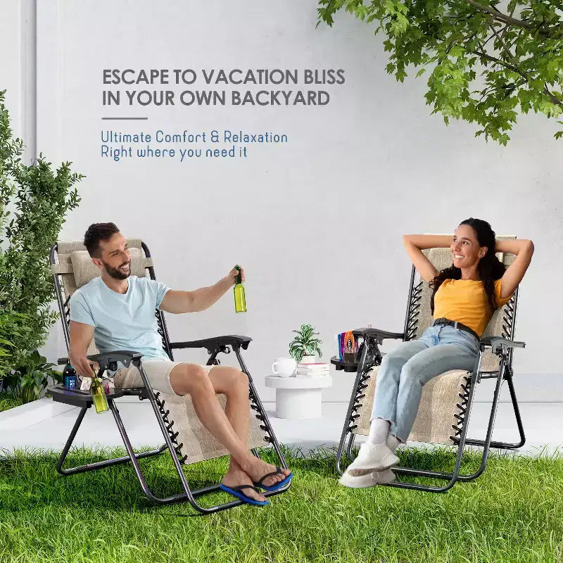 Lot de 2 chaises Nestl Zéro Gravité, Chaises de Camping Inclinables, Chaises Pliantes d'Extérieur avec Oreiller et Plateau Porte-Gobelet