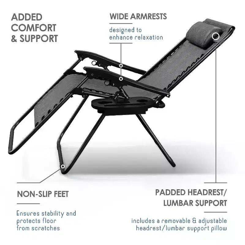 Lot de 2 chaises Nestl Zéro Gravité, Chaises de Camping Inclinables, Chaises Pliantes d'Extérieur avec Oreiller et Plateau Porte-Gobelet