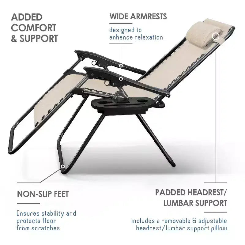 Lot de 2 chaises Nestl Zéro Gravité, Chaises de Camping Inclinables, Chaises Pliantes d'Extérieur avec Oreiller et Plateau Porte-Gobelet