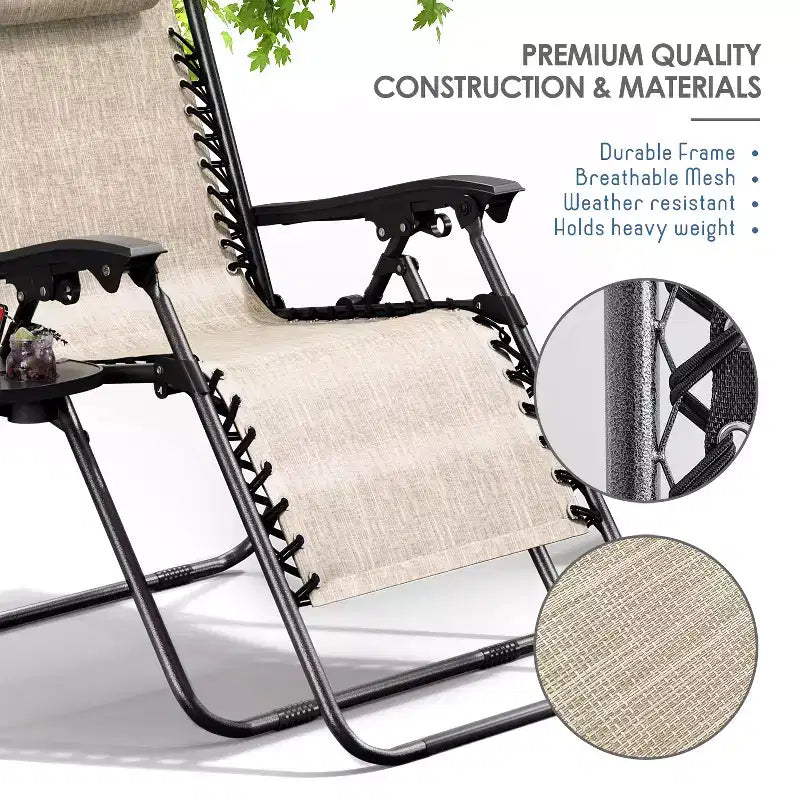Lot de 2 chaises Nestl Zéro Gravité, Chaises de Camping Inclinables, Chaises Pliantes d'Extérieur avec Oreiller et Plateau Porte-Gobelet