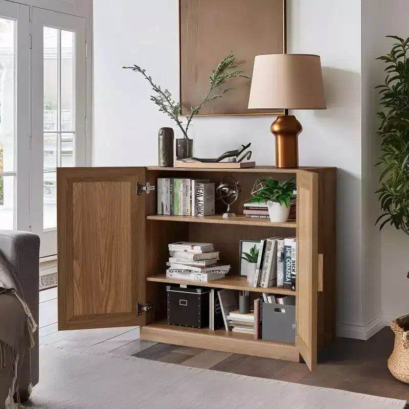 [31-inch | Luxury Wood Grain]Double Door Decorative Cabinet for Living Room & Bedroom (Matte Black + Multi-Layer Storage)