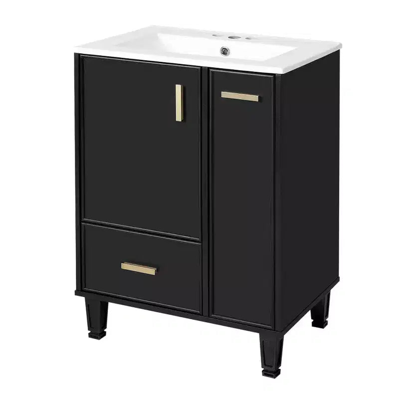 Meuble-lavabo moderne Chic Crate-24 avec évier et tiroir profond | Panier coulissant à 2 niveaux | Cadre en bois massif | Noir