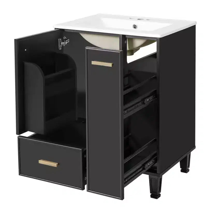 Meuble-lavabo moderne Chic Crate-24 avec évier et tiroir profond | Panier coulissant à 2 niveaux | Cadre en bois massif | Noir