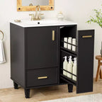 Meuble-lavabo moderne Chic Crate-24 avec évier et tiroir profond | Panier coulissant à 2 niveaux | Cadre en bois massif | Noir