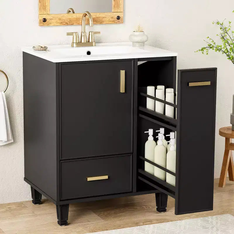 Meuble-lavabo moderne Chic Crate-24 avec évier et tiroir profond | Panier coulissant à 2 niveaux | Cadre en bois massif | Noir