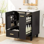 Meuble-lavabo moderne Chic Crate-24 avec évier et tiroir profond | Panier coulissant à 2 niveaux | Cadre en bois massif | Noir