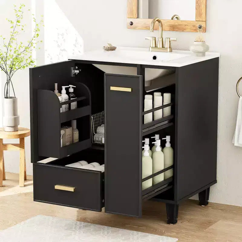 Meuble-lavabo moderne Chic Crate-24 avec évier et tiroir profond | Panier coulissant à 2 niveaux | Cadre en bois massif | Noir