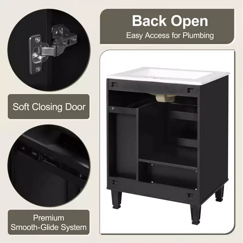 Meuble-lavabo moderne Chic Crate-24 avec évier et tiroir profond | Panier coulissant à 2 niveaux | Cadre en bois massif | Noir