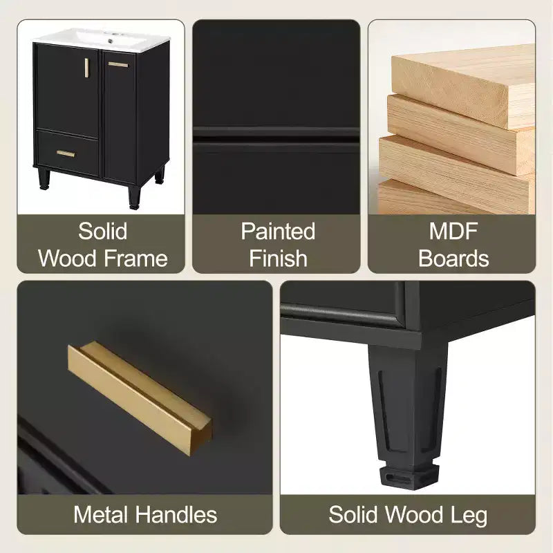 Meuble-lavabo moderne Chic Crate-24 avec évier et tiroir profond | Panier coulissant à 2 niveaux | Cadre en bois massif | Noir