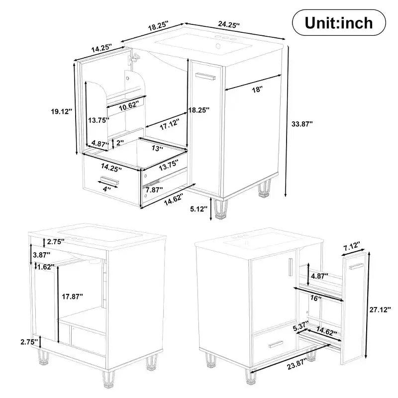Meuble-lavabo moderne Chic Crate-24 avec évier et tiroir profond | Panier coulissant à 2 niveaux | Cadre en bois massif | Noir