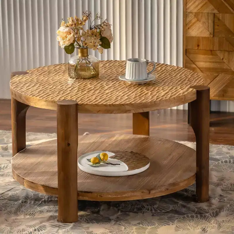 GDFStudio Grace 2-Tier Round Wood 34 Coffee Table with Storage Shelf
