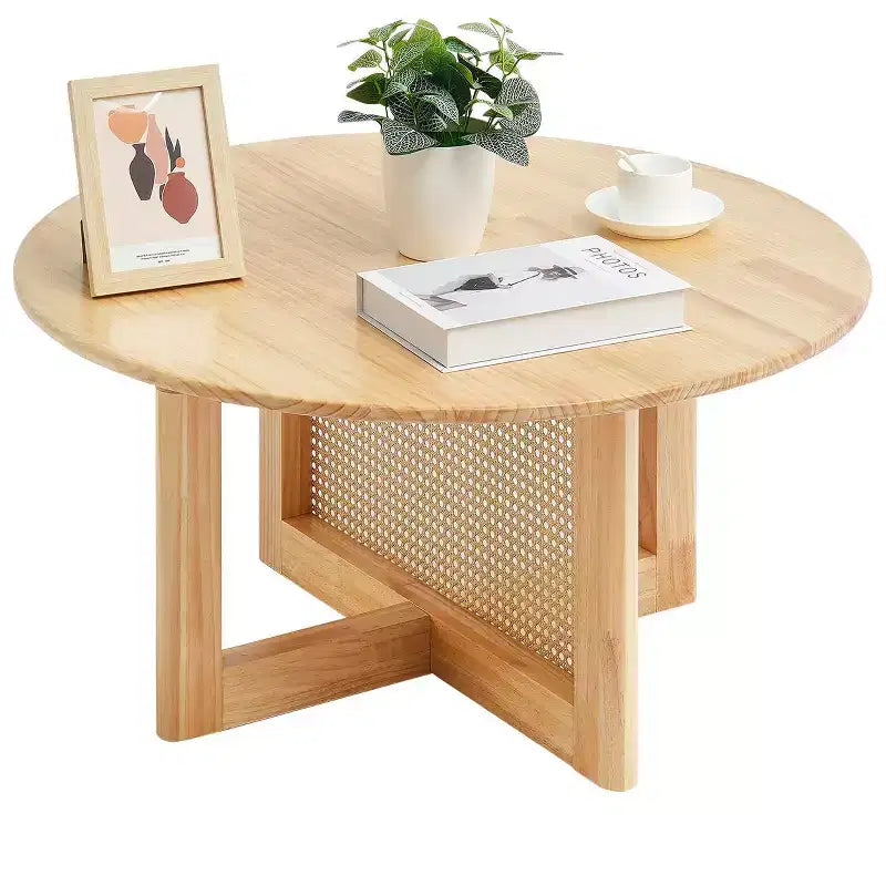 VEVOR Rattan Coffee Table, Round Rattan Woven Wood Coffee Table with Rubber Wood Top, 33 in Modern Boho Circular Storage Coffee Table