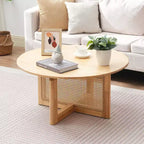 Table basse en rotin VEVOR, table basse ronde en rotin tressé avec plateau en bois d'hévéa, table basse de rangement circulaire bohème moderne de 84 cm