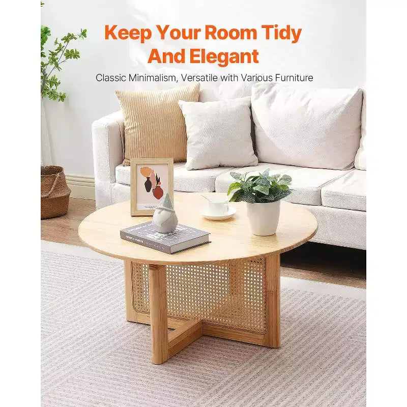 Table basse en rotin VEVOR, table basse ronde en rotin tressé avec plateau en bois d'hévéa, table basse de rangement circulaire bohème moderne de 84 cm