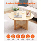 Table basse en rotin VEVOR, table basse ronde en rotin tressé avec plateau en bois d'hévéa, table basse de rangement circulaire bohème moderne de 84 cm