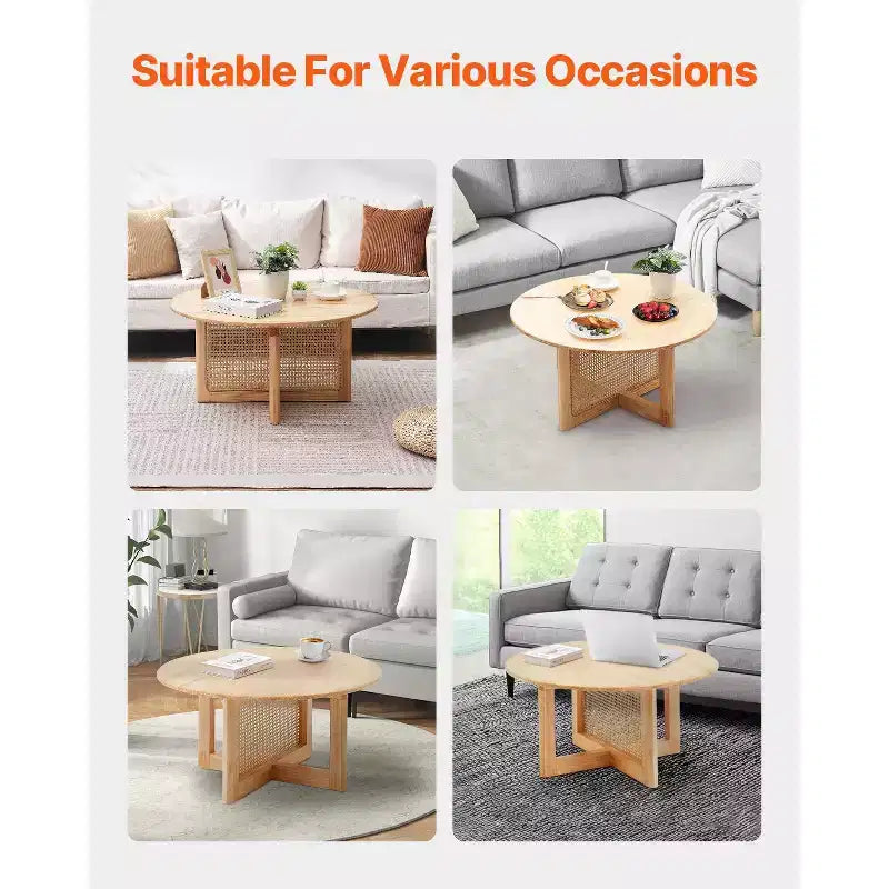 Table basse en rotin VEVOR, table basse ronde en rotin tressé avec plateau en bois d'hévéa, table basse de rangement circulaire bohème moderne de 84 cm