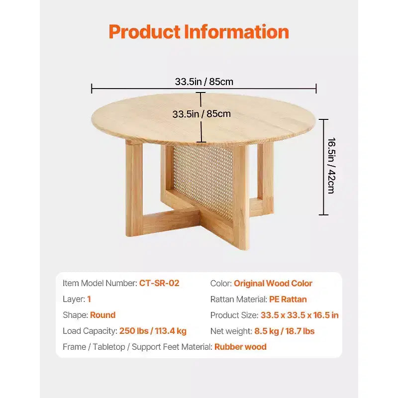 Table basse en rotin VEVOR, table basse ronde en rotin tressé avec plateau en bois d'hévéa, table basse de rangement circulaire bohème moderne de 84 cm
