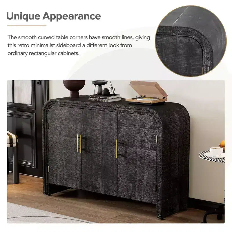 Buffet incurvé rétro minimaliste avec poignées dorées et séparateurs ajustables (noir antique)