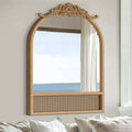 36x24 Arched Bathroom Mirror with Wood Frame, Rattan Wall Mounted Vanity Mirror for Bedroom Living Room Entryway, Natural color