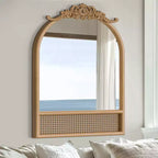 36x24 Arched Bathroom Mirror with Wood Frame, Rattan Wall Mounted Vanity Mirror for Bedroom Living Room Entryway, Natural color