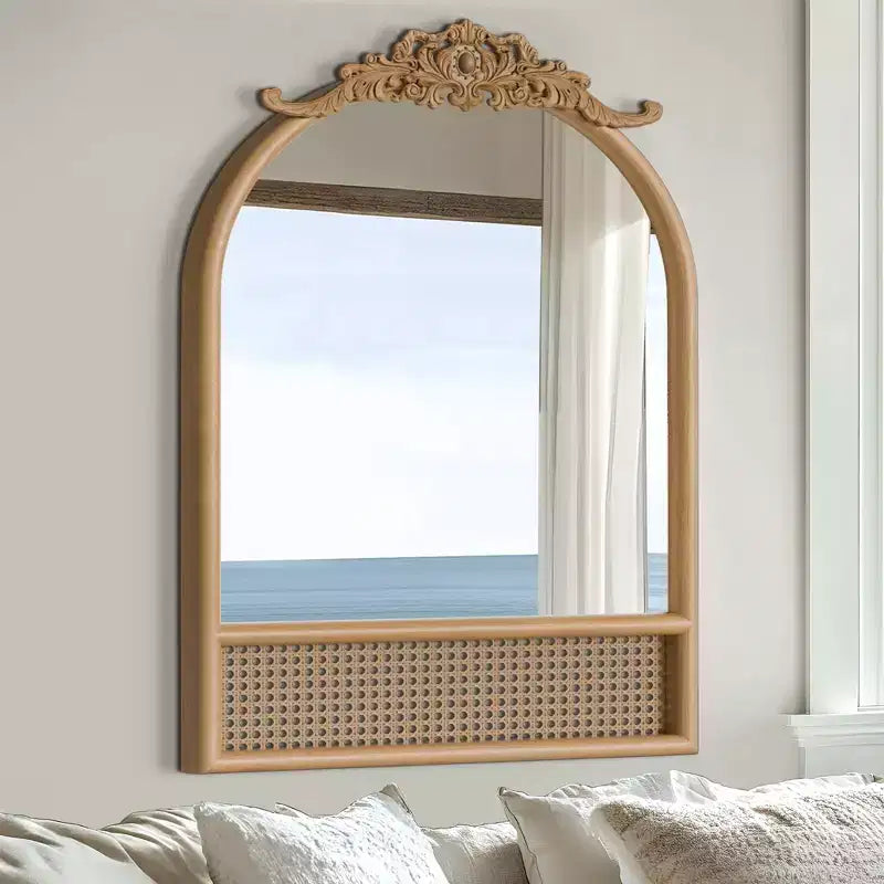 36x24 Arched Bathroom Mirror with Wood Frame, Rattan Wall Mounted Vanity Mirror for Bedroom Living Room Entryway, Natural color