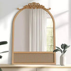 Miroir de salle de bain arqué 36x24 avec cadre en bois, miroir mural en rotin pour chambre à coucher, salon, entrée, couleur naturelle