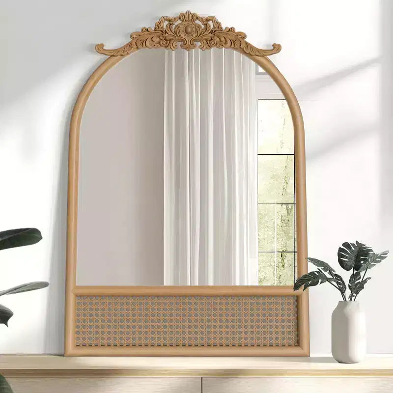 Miroir de salle de bain arqué 36x24 avec cadre en bois, miroir mural en rotin pour chambre à coucher, salon, entrée, couleur naturelle