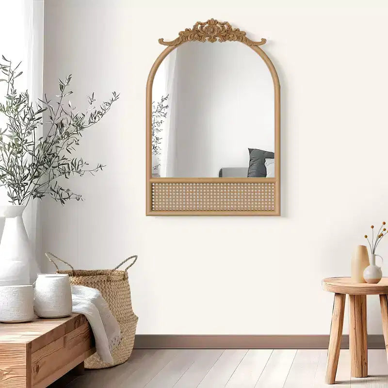 Miroir de salle de bain arqué 36x24 avec cadre en bois, miroir mural en rotin pour chambre à coucher, salon, entrée, couleur naturelle