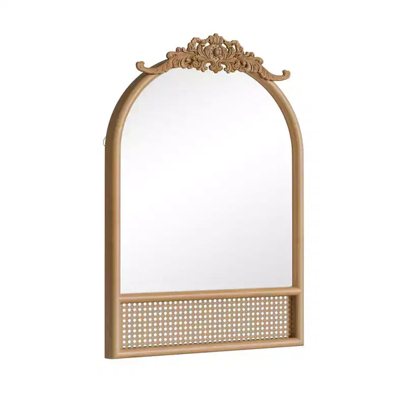 Miroir de salle de bain arqué 36x24 avec cadre en bois, miroir mural en rotin pour chambre à coucher, salon, entrée, couleur naturelle