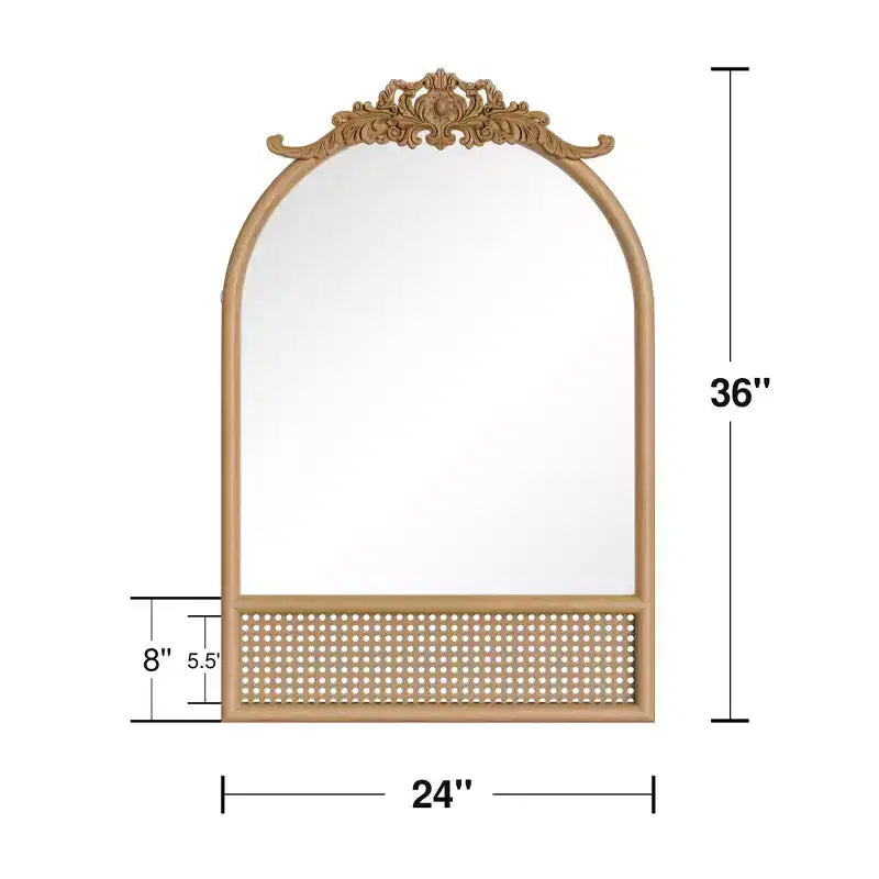 Miroir de salle de bain arqué 36x24 avec cadre en bois, miroir mural en rotin pour chambre à coucher, salon, entrée, couleur naturelle