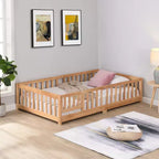 Okak Full Size Bed with Headboard,Solid Wood Platform Bed Frame with Fence,Suitable for children, Pine Wood, Natural