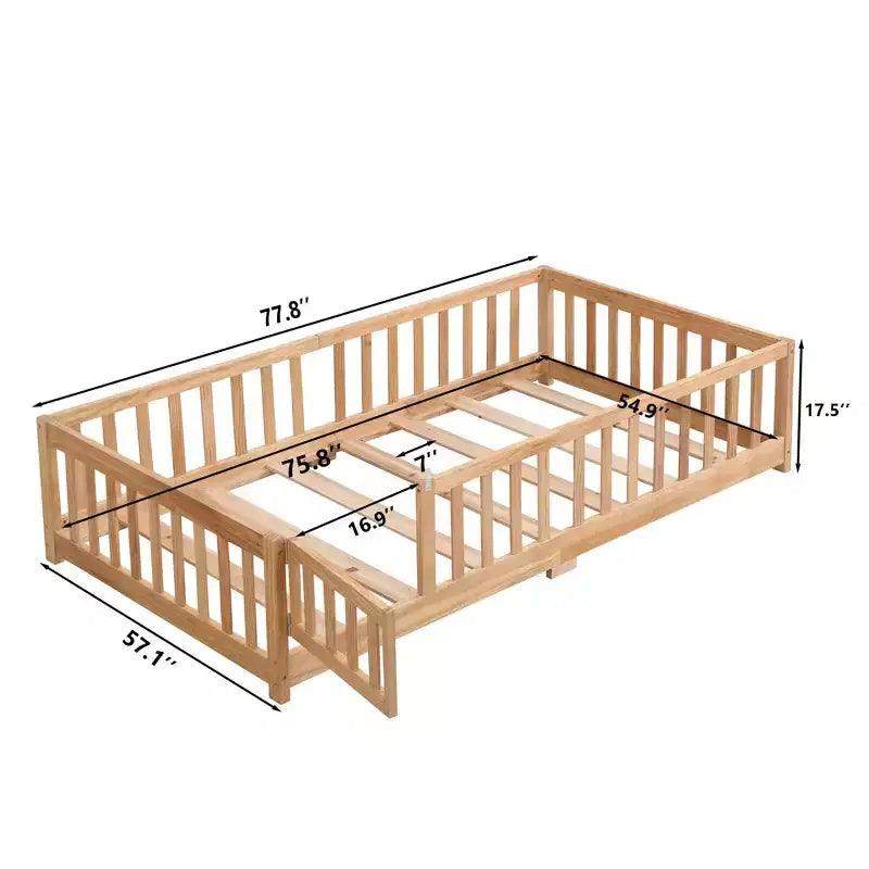 Lit double Okak avec tête de lit, cadre de lit plateforme en bois massif avec clôture, adapté aux enfants, bois de pin, naturel