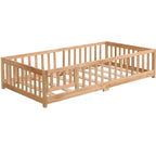 Lit double Okak avec tête de lit, cadre de lit plateforme en bois massif avec clôture, adapté aux enfants, bois de pin, naturel