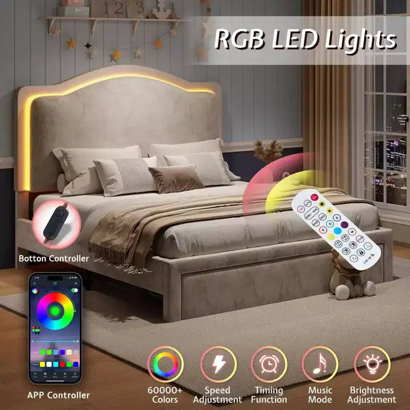 Cadre de lit AMERLIFE avec lumières LED et station de charge, tête de lit de rangement haute de 50 po