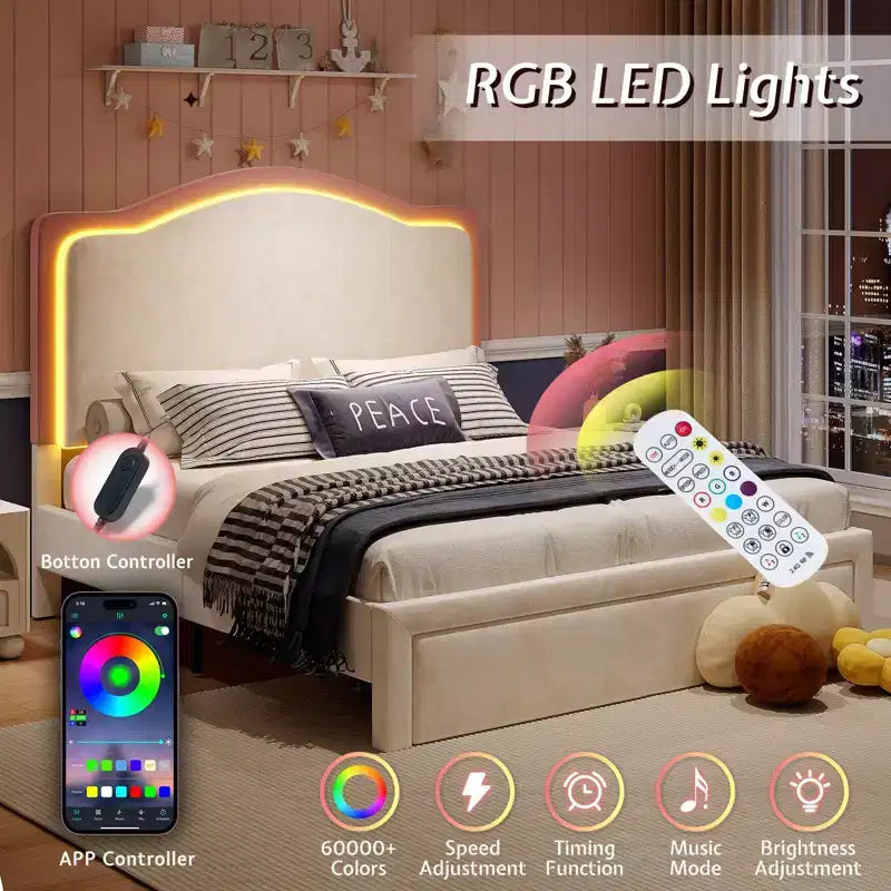 Cadre de lit AMERLIFE avec lumières LED et station de charge, tête de lit de rangement haute de 50 po