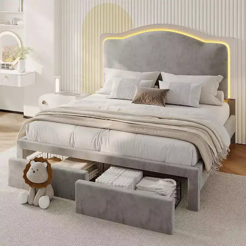 Cadre de lit AMERLIFE avec lumières LED et station de charge, tête de lit de rangement haute de 50 po