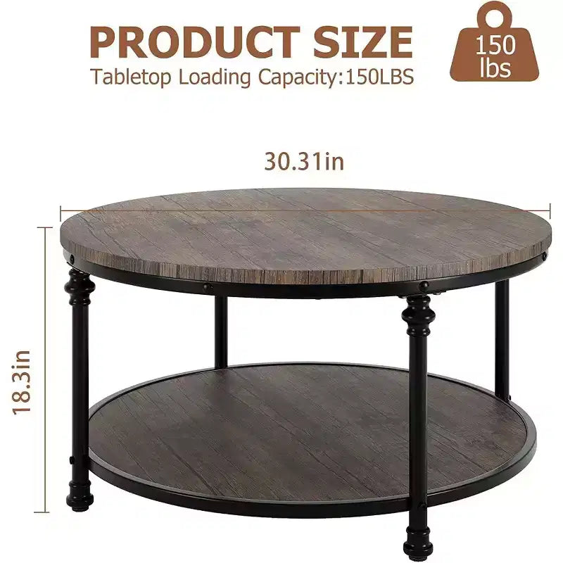 Table basse ronde Acekool avec étagère de rangement à 2 niveaux, plateau en bois et pieds métalliques à colonnes romaines Table d'appoint rustique industrielle, 30,5 et 34,5