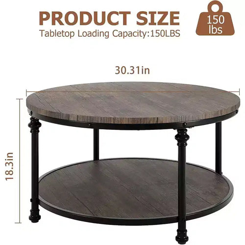 Table basse ronde Acekool avec étagère de rangement à 2 niveaux, plateau en bois et pieds métalliques à colonnes romaines Table d'appoint rustique industrielle, 30,5 et 34,5