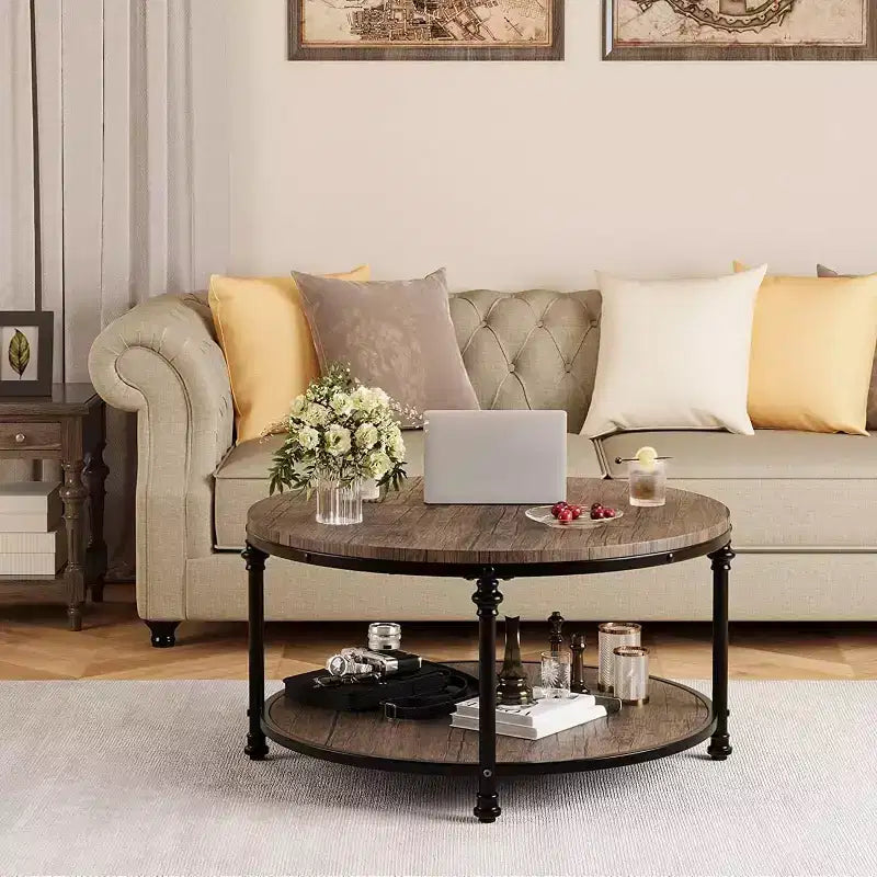 Table basse ronde Acekool avec étagère de rangement à 2 niveaux, plateau en bois et pieds métalliques à colonnes romaines Table d'appoint rustique industrielle, 30,5 et 34,5