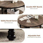 Table basse ronde Acekool avec étagère de rangement à 2 niveaux, plateau en bois et pieds métalliques à colonnes romaines Table d'appoint rustique industrielle, 30,5 et 34,5