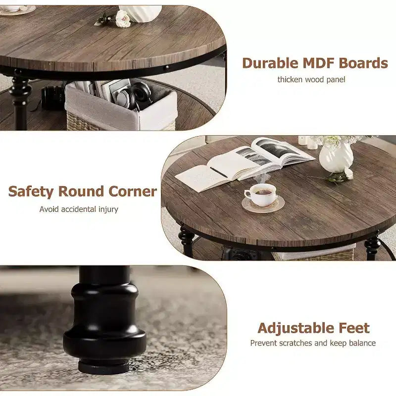 Table basse ronde Acekool avec étagère de rangement à 2 niveaux, plateau en bois et pieds métalliques à colonnes romaines Table d'appoint rustique industrielle, 30,5 et 34,5