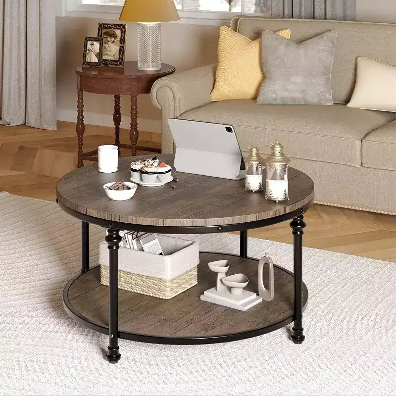 Table basse ronde Acekool avec étagère de rangement à 2 niveaux, plateau en bois et pieds métalliques à colonnes romaines Table d'appoint rustique industrielle, 30,5 et 34,5