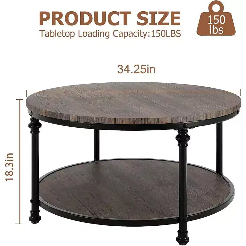 Table basse ronde Acekool avec étagère de rangement à 2 niveaux, plateau en bois et pieds métalliques à colonnes romaines Table d'appoint rustique industrielle, 30,5 et 34,5