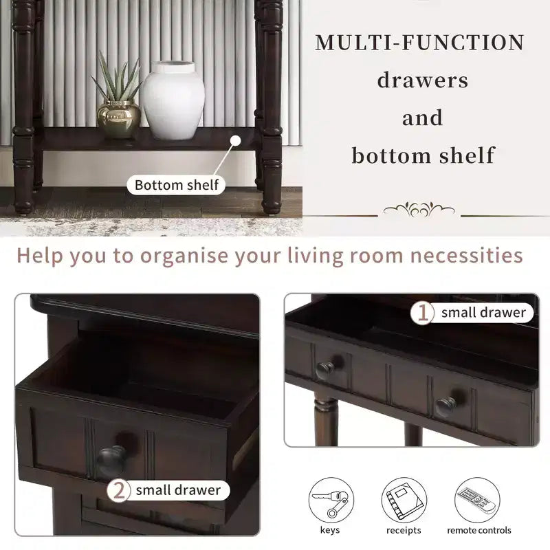 Console étroite, Table d'appoint mince avec trois tiroirs de rangement et une étagère inférieure (Espresso)