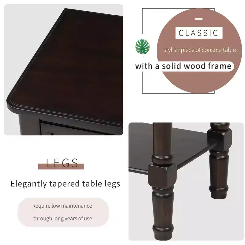 Console étroite, Table d'appoint mince avec trois tiroirs de rangement et une étagère inférieure (Espresso)