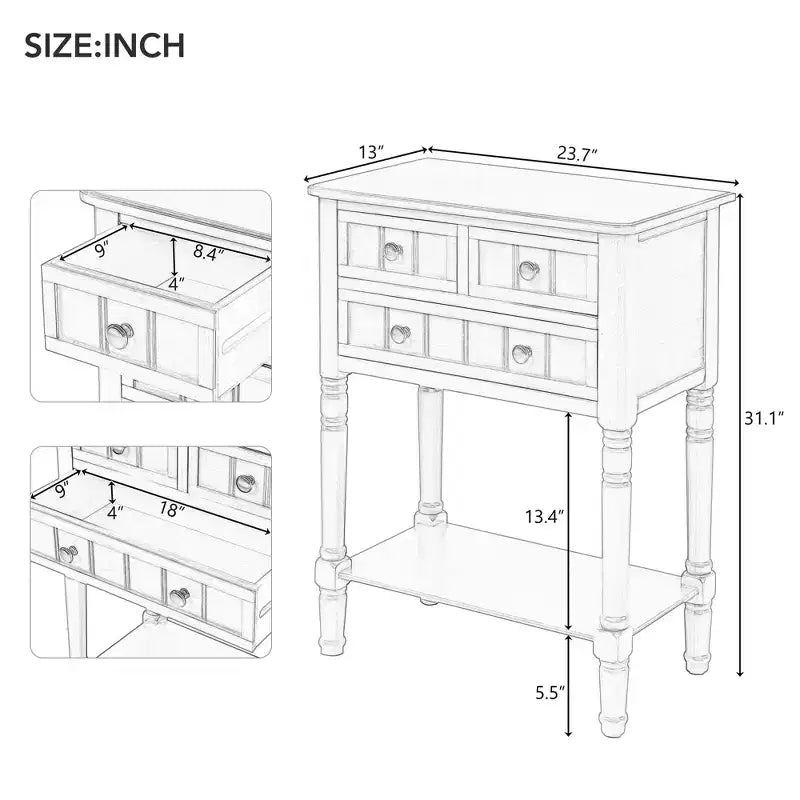 Console étroite, Table d'appoint mince avec trois tiroirs de rangement et une étagère inférieure (Espresso)