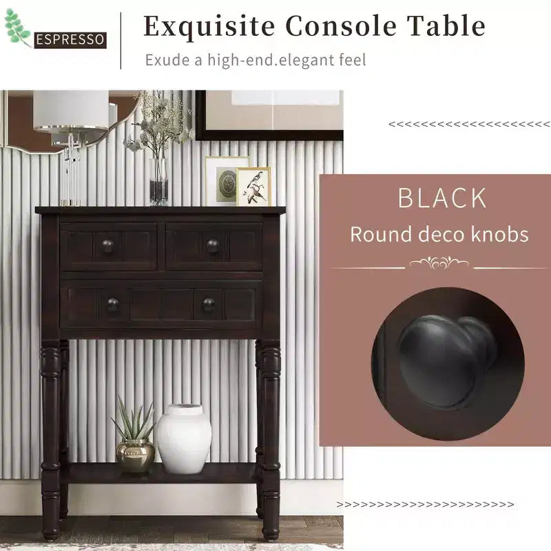 Console étroite, Table d'appoint mince avec trois tiroirs de rangement et une étagère inférieure (Espresso)