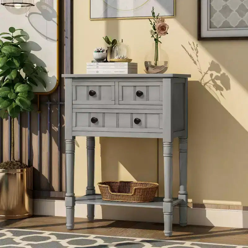 Console étroite, Table d'appoint mince avec trois tiroirs de rangement et une étagère inférieure (Espresso)