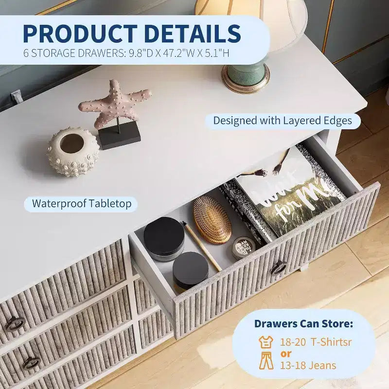 Commode Acekool à 6 tiroirs cannelés, commode ondulée avec poignées métalliques, armoire de rangement moderne pour chambre à coucher, salon, kit anti-basculement